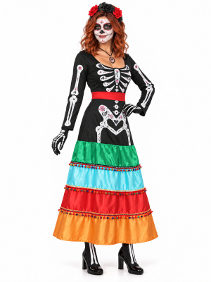Disfraz de Catrina Largo a Rayas de Colores para Mujer - Disfraces Halloween Esqueletos - Disfraces de Esqueleto para Mujer
