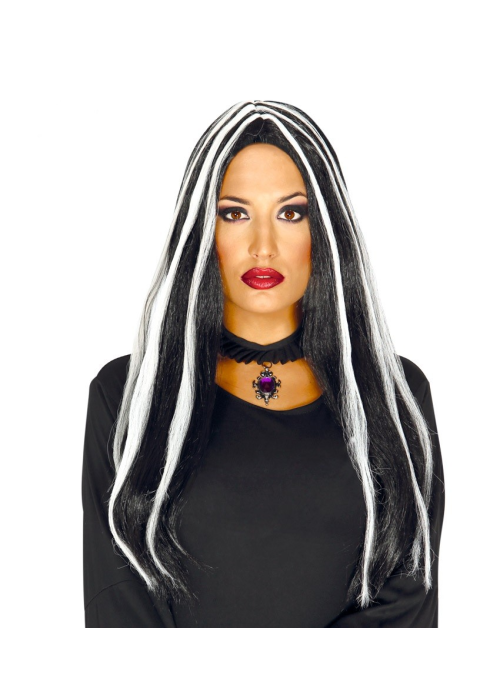 Peluca Melena Larga Negra con mechas Blancas - Complementos Disfraces Halloween