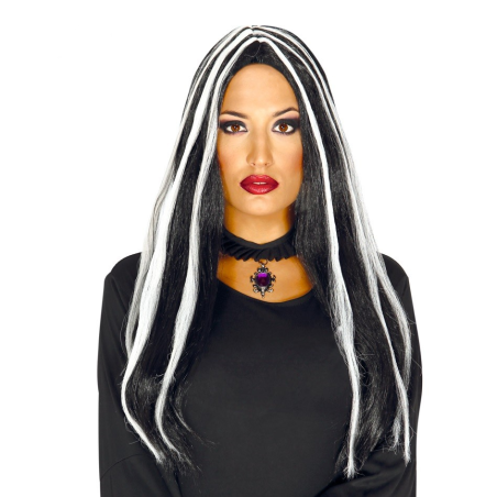 Peluca Melena Negra Mechas Blancas - Complementos Disfraces Halloween