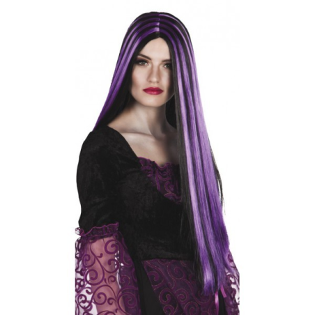 Peluca Melena Larga Negra Mechas Lilas - Complementos Disfraces Halloween