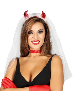 Velo de Novia con Cuernos Rojos - Diademas y Gorros para Despedidas