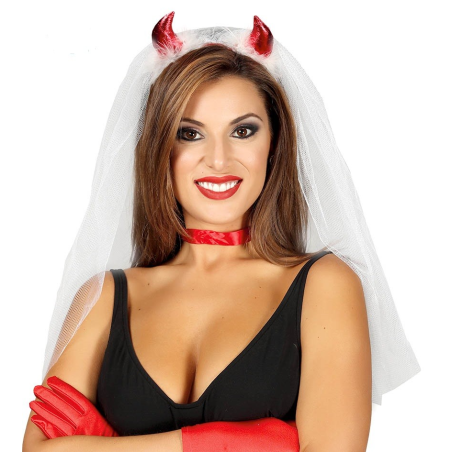 Velo de Novia con Cuernos Rojos - Diademas y Gorros para Despedidas