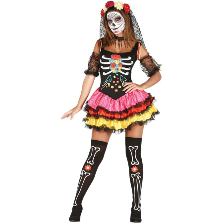 Disfraz de Catrina Corto de Colores para Mujer - Disfraces Halloween Esqueletos