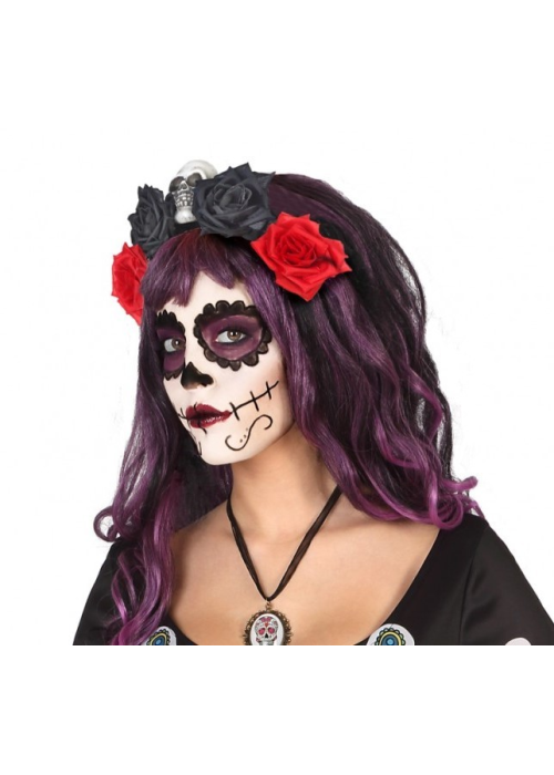 Diadema de Flores Roja y Negra - Complementos de Esqueletos y Catrinas