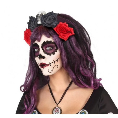 Diadema de Flores Roja y Negra - Complementos de Esqueletos y Catrinas