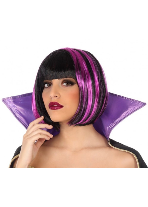 Peluca Vampiresa Corta Mechas Negra y Lila - Pelucas