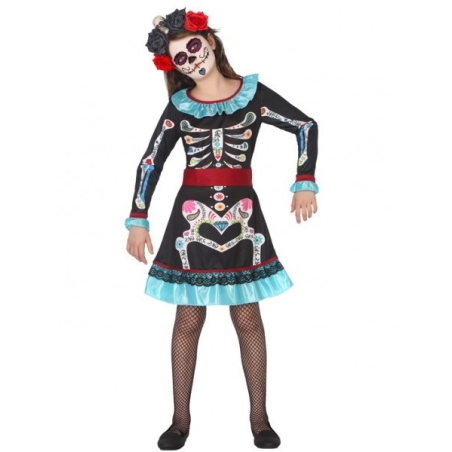 Disfraz De Catrina Azul Infantil - Disfraces Esqueletos y Catrinas