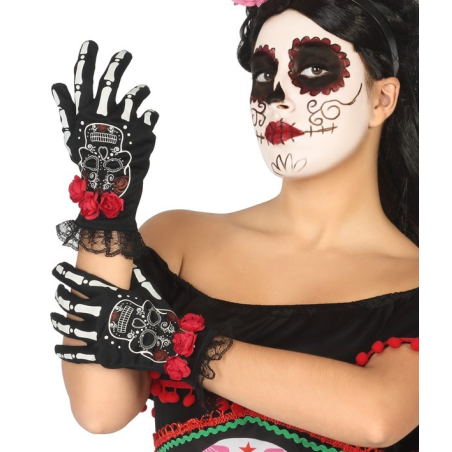 Guantes Catrina Con Flores - Complementos Mexicanos