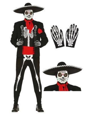 Traje de esqueleto mexicano, com gorro e luvas