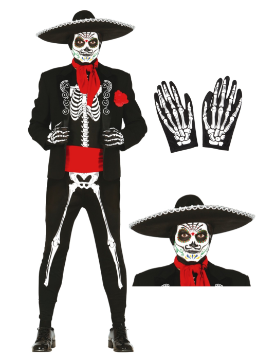 Comprar Disfraz de esqueleto mejicano con gorro y guantes - Disfraces de Halloween Comprar Disfraz de esqueleto mejicano con gorro y guantes - Disfraces de Halloween