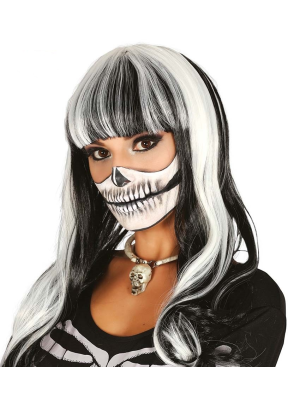 Peluca Melena Negra Mechas Blancas con Flequillo - Complementos Disfraces Halloween