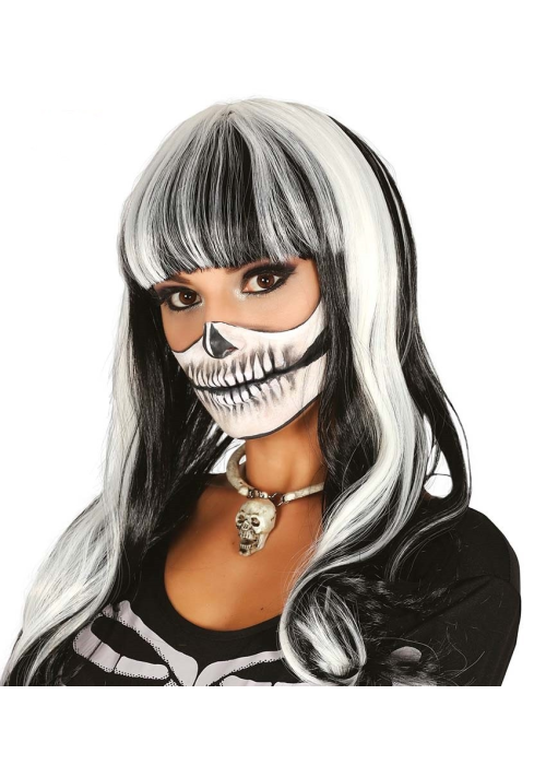 Peluca Melena Negra Mechas Blancas con Flequillo - Complementos Disfraces Halloween