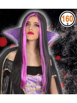 Peluca Melena Larga Negra Mechas Lilas - Complementos Disfraces Halloween