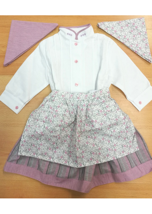 Conjunto Casera Blanco y Rosa con Rayas y Detalle Flor - Trajes Neska - Baserritarra Niña