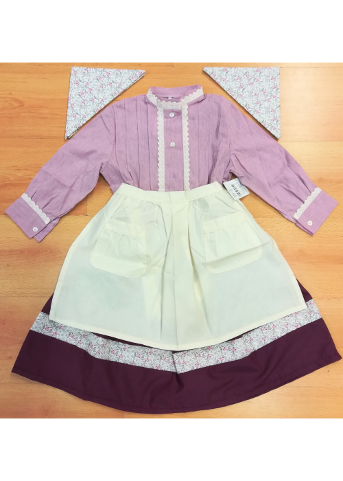 Conjunto Casera Rosa y Burdeos con Bies de FLores - Trajes Neska - Baserritarra Niña