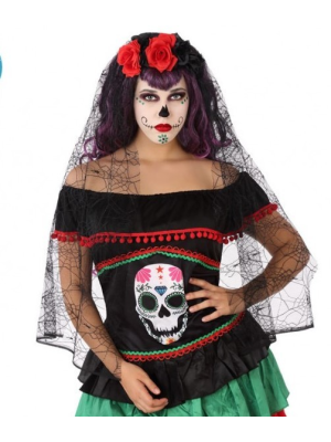 Diadema con Velo Negro con Flores - Sombreros