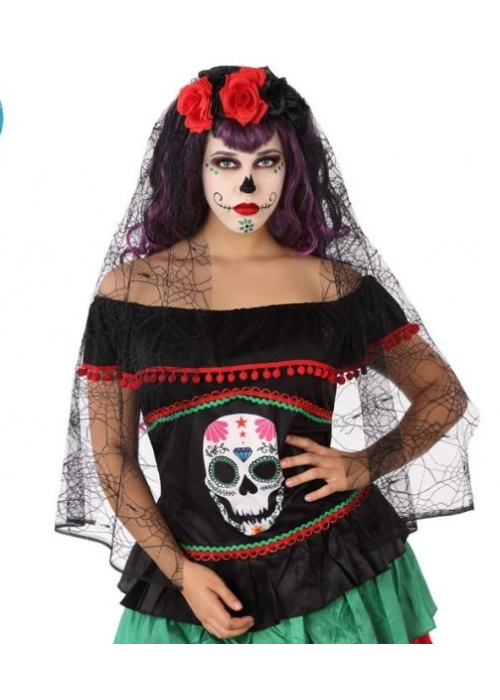 Diadema con Velo Negro con Flores - Sombreros