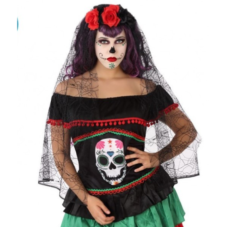 Diadema con Velo Negro con Flores - Sombreros