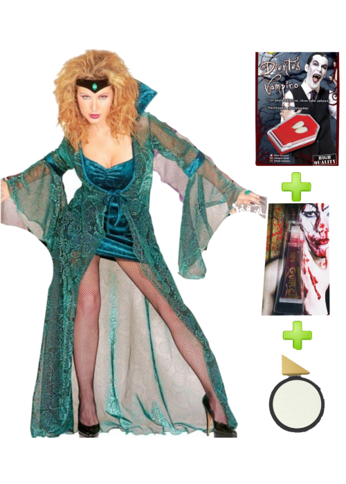 Disfraz de Vampiresa Verde con set de caracterizacion - Packs Disfraces Halloween