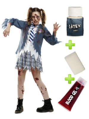 Disfraz de Colegiala Azul Zombie con set de Caracterizacion - Packs Disfraces Halloween Adulto