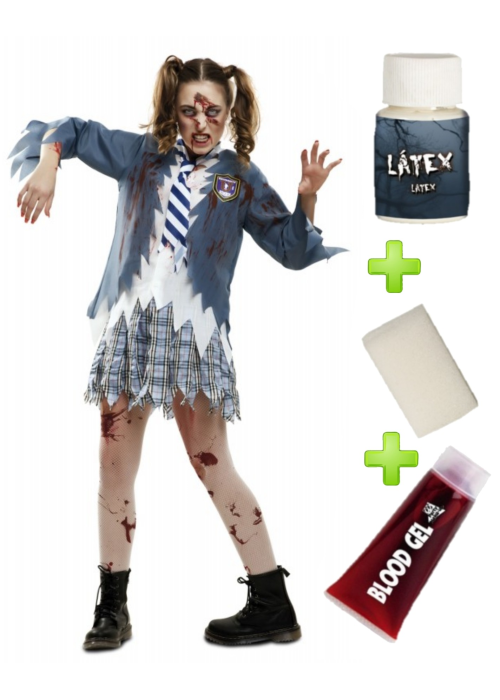 Disfraz de Colegiala Azul Zombie con set de Caracterizacion - Packs Disfraces Halloween Adulto