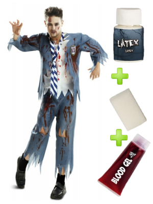 Disfraz de Colegial Azul Zombie con set de Caracterizacion - Packs Disfraces Halloween Adulto