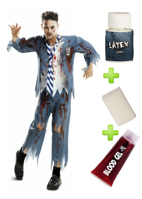 Disfraz de Colegial Azul Zombie con set de Caracterizacion - Packs Disfraces Halloween Adulto